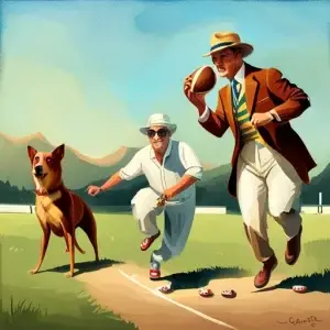 Two men running with Dog